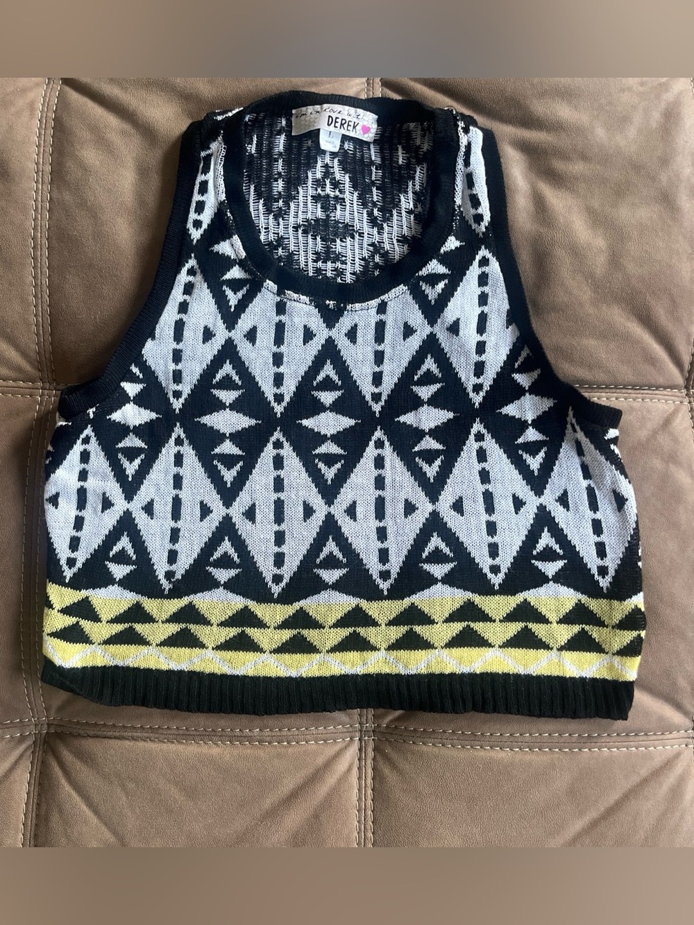 Derek Heart Black White and Yellow Geometric Knit Tank